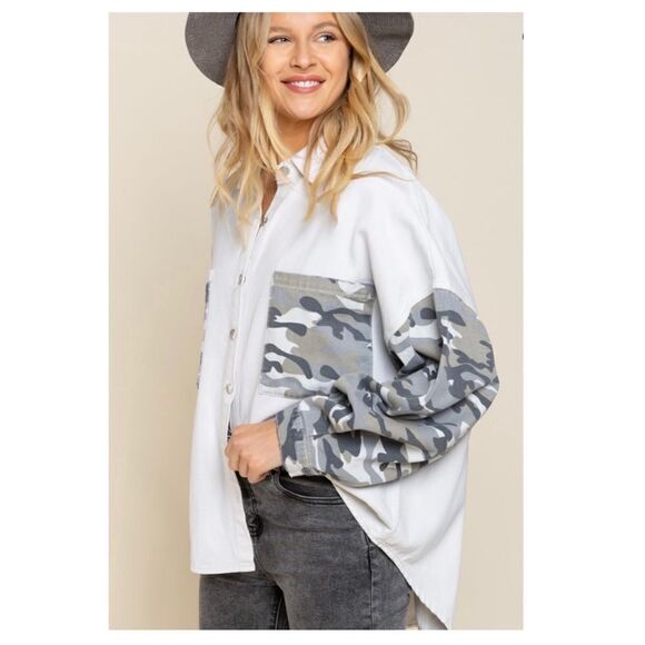 beige Cream Camo Oversized Shacket - Picture 13 of 16